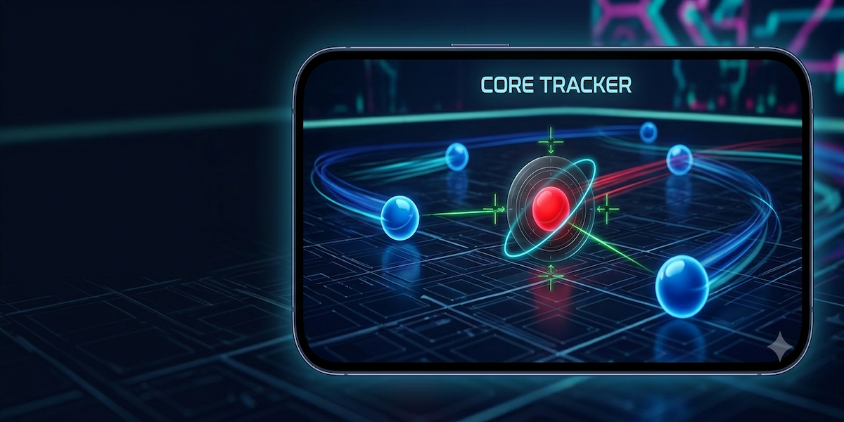 Core Tracker app screen showing a red target ball orbited by a cyan ring, surrounded by blue tracking balls on a HUD grid background